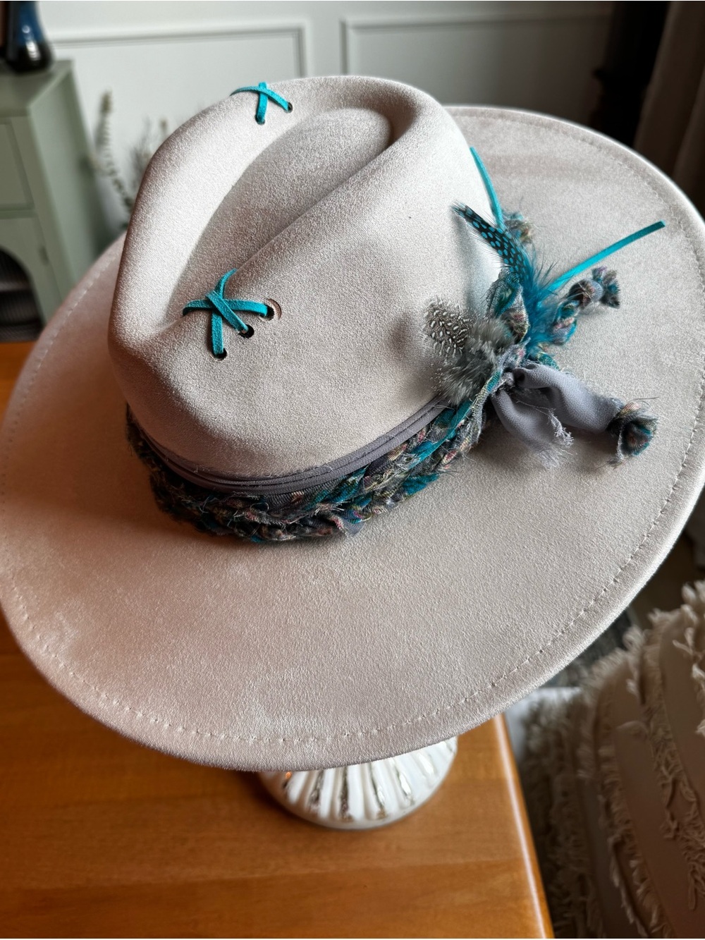 Hand Crafted Cream Vegan Suede Wide Brim Hat with Teal/Gray Accents - Picture 10 of 11